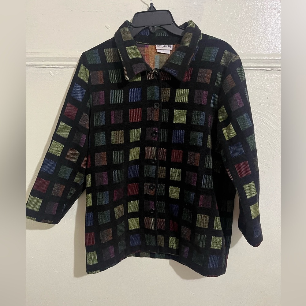 Vintage BonWorth Multicolor Plaid-Weave Button Front Top